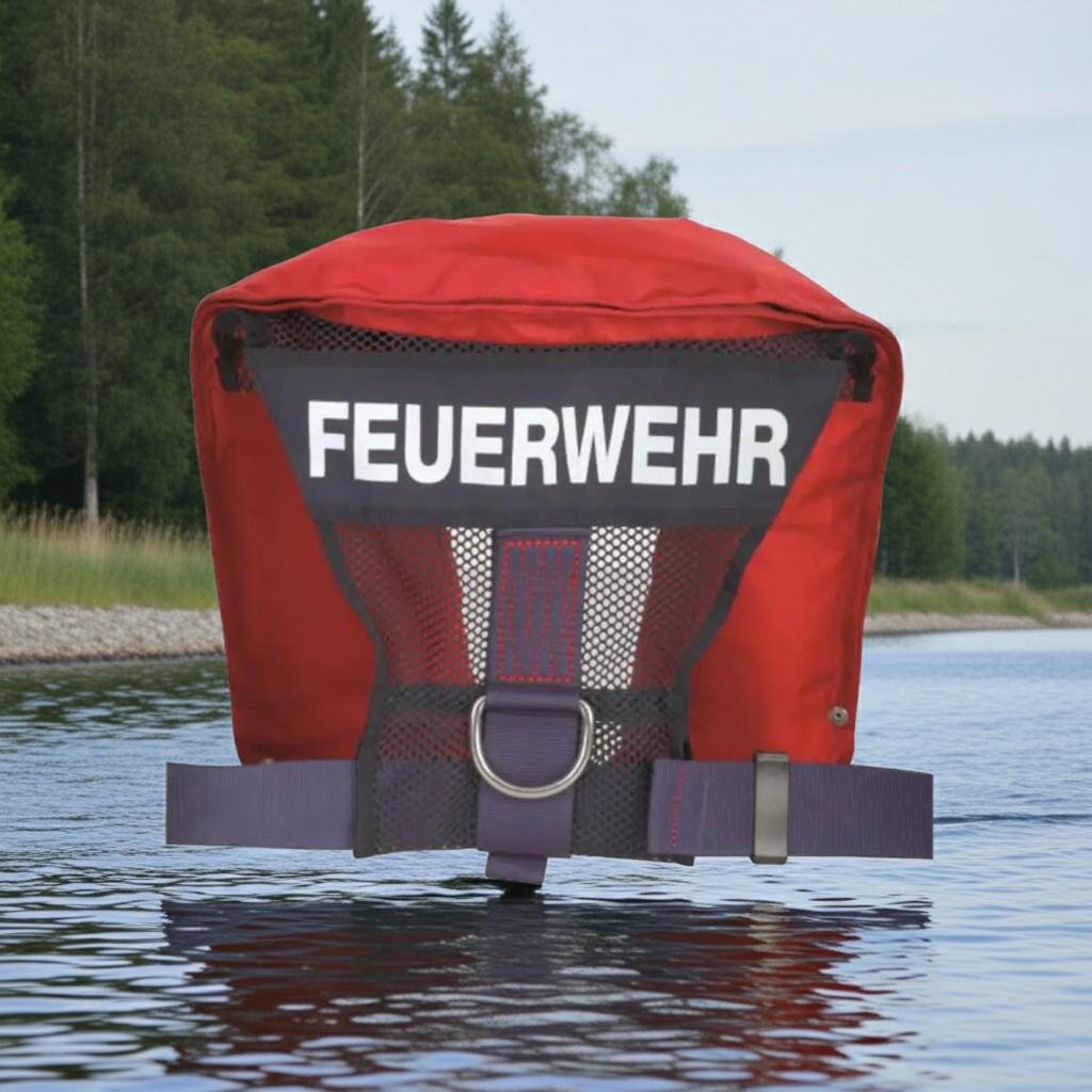 Rote Feuerwehr Rettungsweste für Strömungsrettung, Fließwasserrettung und Wasserrettung mit gut sichtbarer Feuerwehr-Kennzeichnung, Bergegurt und Sicherheitsausstattung für Einsatzkräfte im Wasserrettungseinsatz.