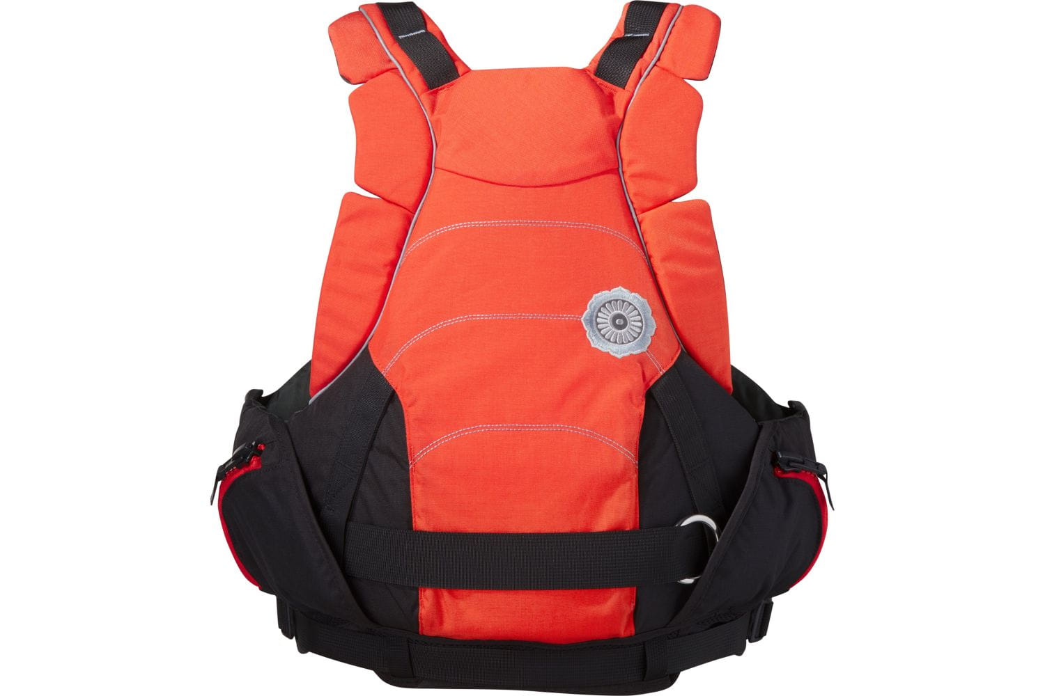 Rückansicht der Astral GreenJacket Rettungsweste in Orange für Strömungsrettung, Wasserrettung, Wildwasserkajak und professionelle Rescue-Einsätze auf Fließgewässern.