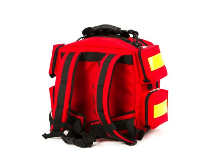 Roter Notfallrucksack Kassel in Rückenansicht mit ergonomischem Tragesystem für Rettungsdienst, Feuerwehr und Katastrophenschutz