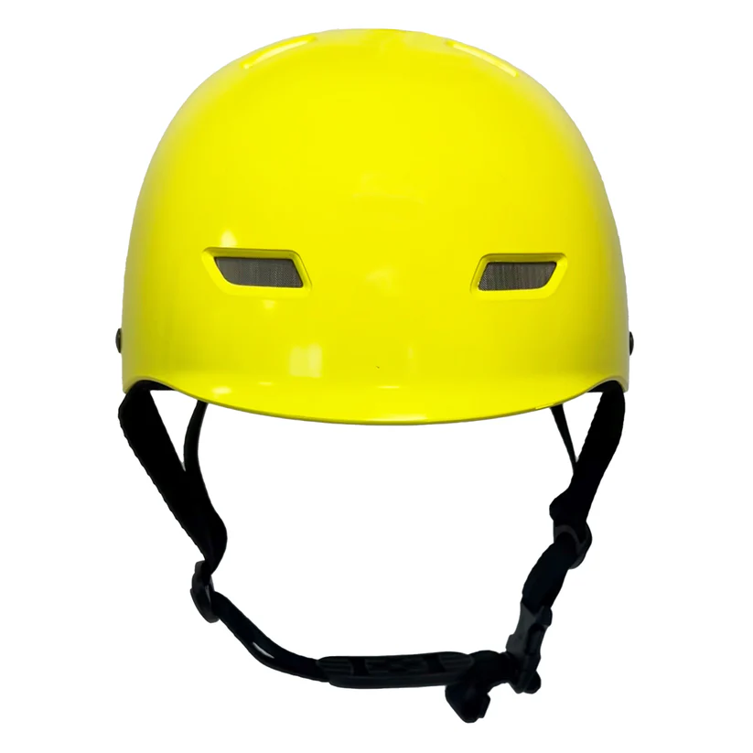 Frontansicht eines signalgelben Rettungshelms mit Belüftungsöffnungen für Wasserrettung, Wildwasser, Kajak, Rafting und Feuerwehreinsätze – leichter Schutzhelm mit hoher Sichtbarkeit und sicherem Kinnriemen.