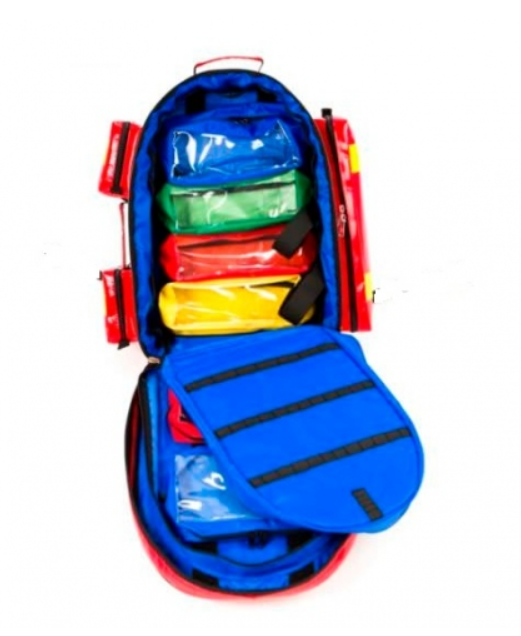 Rettungsrucksack von Innen. Mit Klett Innentaschen mit Farbcodierung und Medikamentenfach.