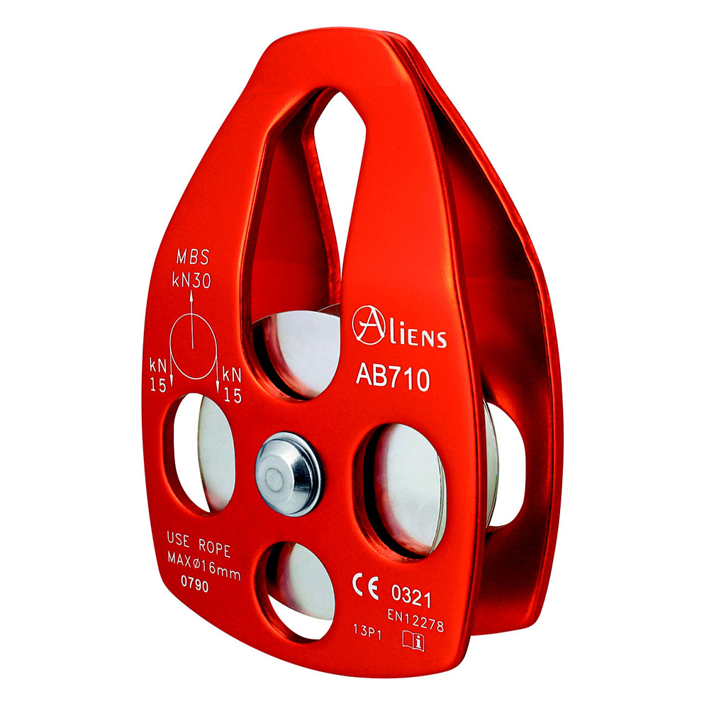 Eine Umlenkrolle in orange der Marke Aliens für 16 mm Seile. Die Innenrolle ist silberfarben und kann eine Belastung von 15kN in beide Richtungen aushalten. Die Umlenkrolle läuft spitz oben zusammen, so dass problemlos ein Karabiner hineinpasst.