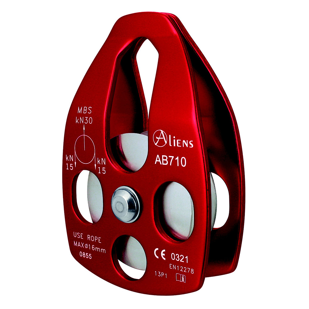 Eine Umlenkrolle in rot der Marke Aliens für 16 mm Seile. Die Innenrolle ist silberfarben und kann eine Belastung von 15kN in beide Richtungen aushalten. Die Umlenkrolle läuft spitz oben zusammen, so dass problemlos ein Karabiner hineinpasst.