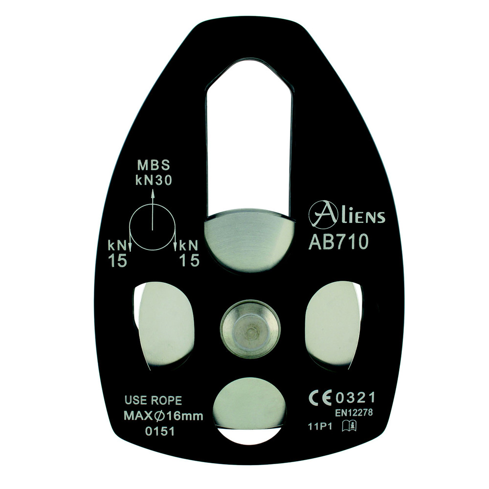 Eine Umlenkrolle in schwarz der Marke Aliens für 16 mm Seile. Die Innenrolle ist silberfarben und kann eine belastung von 15kN in beide Richtungen aushalten.