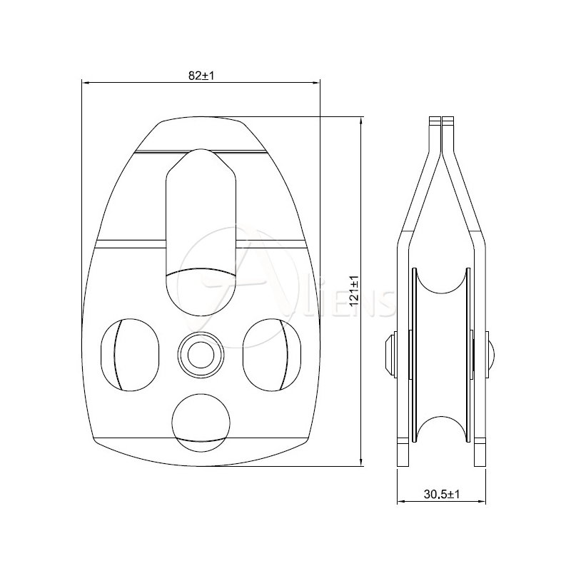 Eine Umlenkrolle der Marke Aliens für 16 mm Seile. Die Innenrolle ist silberfarben und kann eine Belastung von 15kN in beide Richtungen aushalten. Die Umlenkrolle läuft spitz oben zusammen, so dass problemlos ein Karabiner hineinpasst.