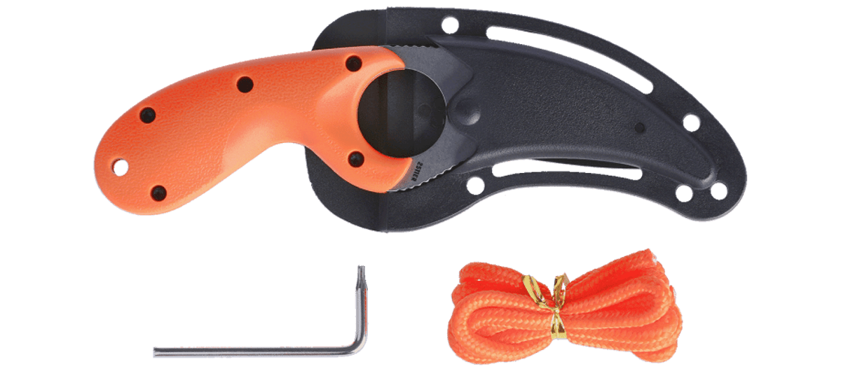 Bearclaw Rettungsmesser Set mit feststehender Hakenklinge, passgenauer Kydex-Scheide, Befestigungsschnur und Montageschlüssel. Professionelles Rettungsmesser für Wasserrettung, Strömungsrettung, Feuerwehr, Rettungsdienst, Outdoor, Survival und technische Einsätze zum sicheren Durchtrennen von Seilen, Gurten und Gurtband.