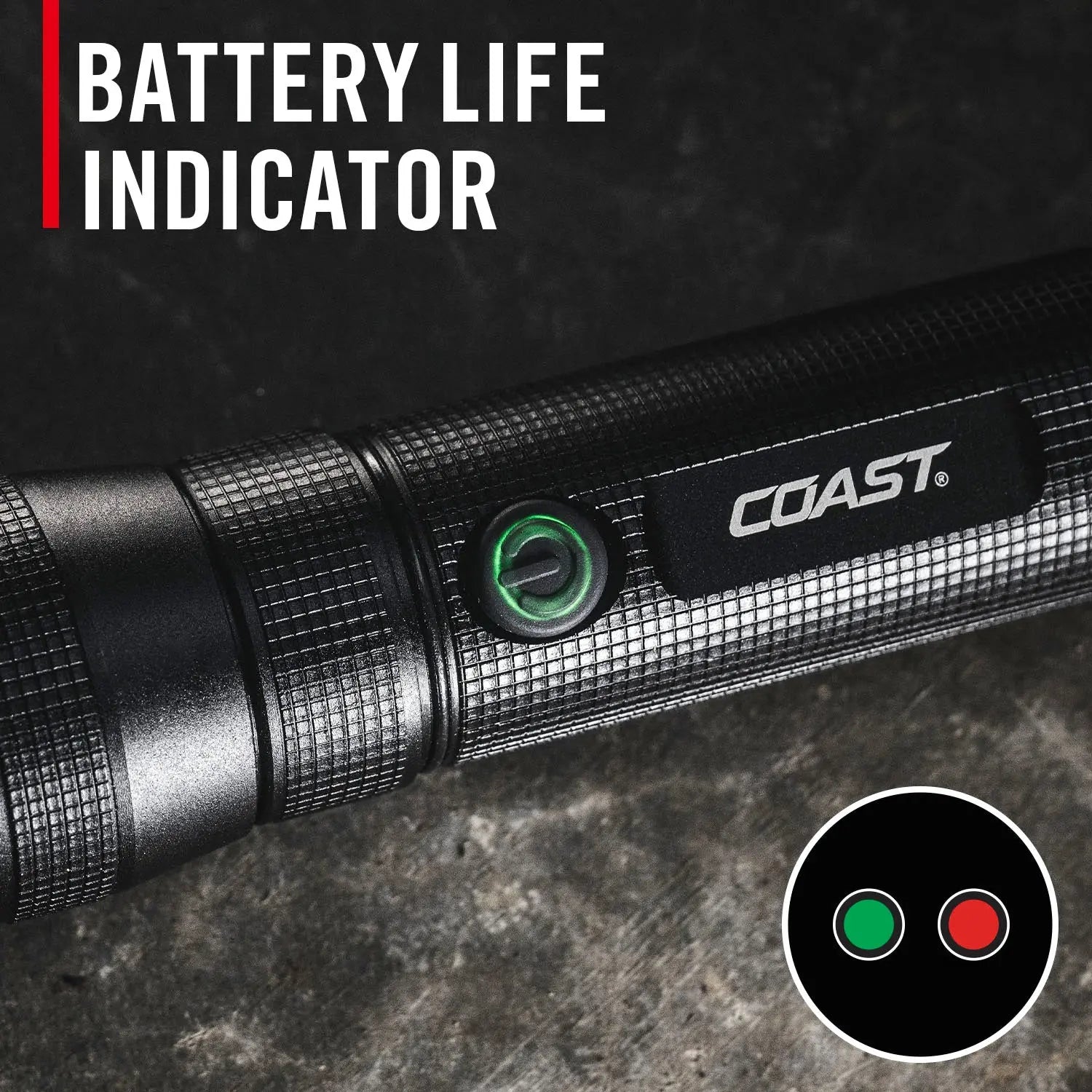COAST G60R LED Taschenlampe mit integrierter Batteriestandsanzeige zur schnellen Kontrolle des Akkustands, leistungsstarke wiederaufladbare Einsatzleuchte für Outdoor, Rettungsdienst, Feuerwehr und professionelle Anwendungen.