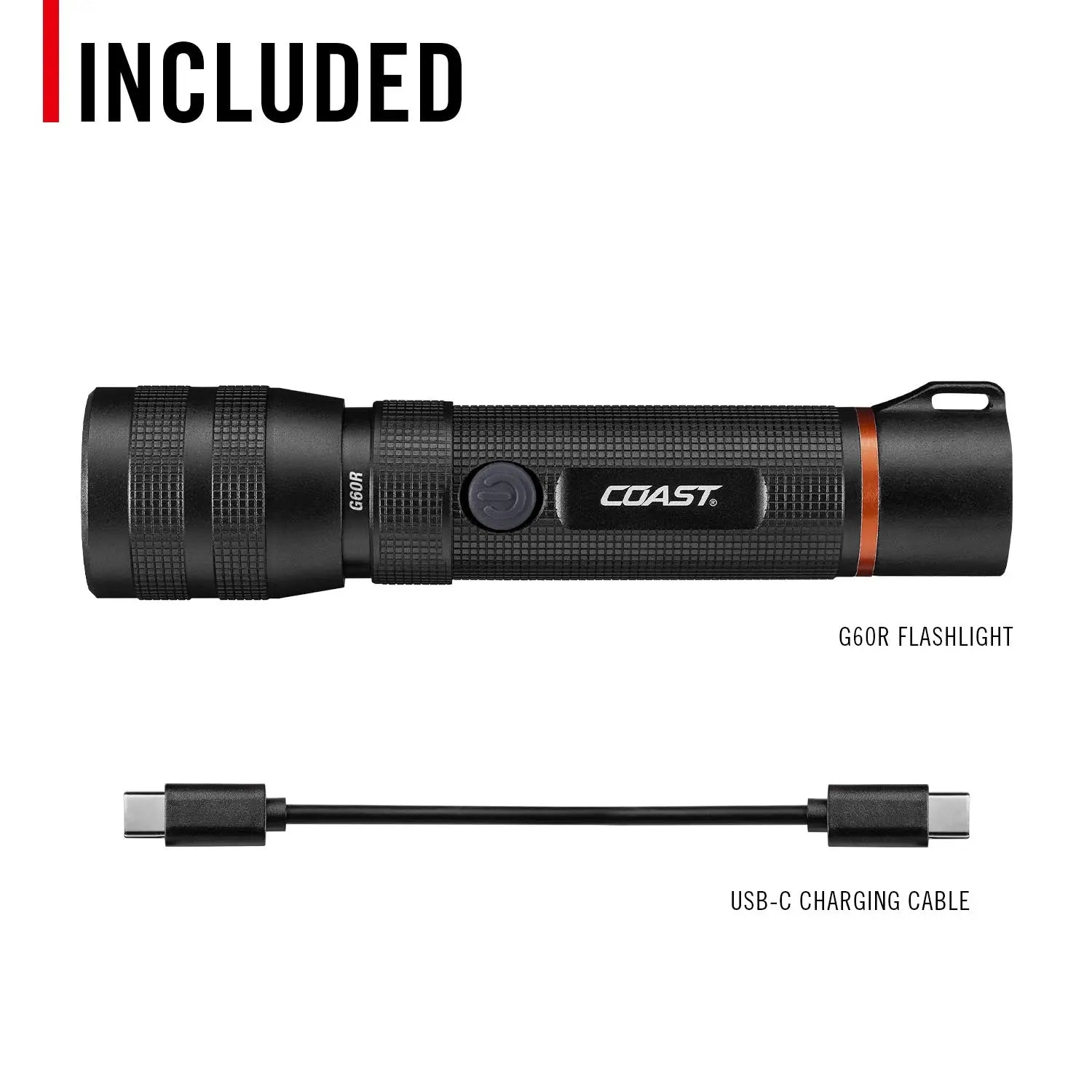 COAST G60R wiederaufladbare LED Taschenlampe inklusive USB-C Ladekabel im Lieferumfang für schnelles Aufladen, leistungsstarke Einsatzleuchte für Outdoor, Camping, Feuerwehr, Rettungsdienst, Security und professionelle Anwender.