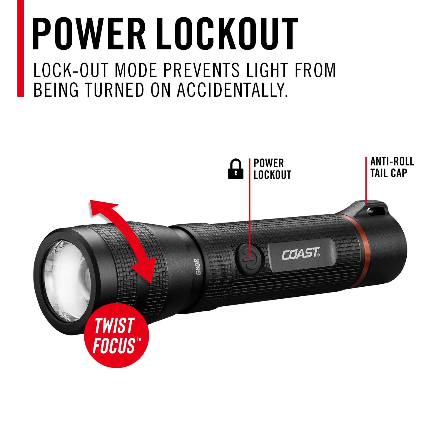 COAST G60R LED Taschenlampe mit Power Lockout Schutz gegen unbeabsichtigtes Einschalten, Twist Focus Fokussierung und Anti-Roll Endkappe für Outdoor, Einsatzkräfte, Rettungsdienst und professionelle Anwendungen.
