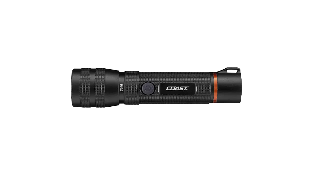 COAST G60R LED Taschenlampe in Seitenansicht mit robustem Aluminiumgehäuse, strukturierter Griffoberfläche, USB-C Akku, fokussierbarem Lichtkegel und leistungsstarker Beleuchtung für Outdoor, Feuerwehr, Rettungsdienst, Security und professionelle Einsätze.