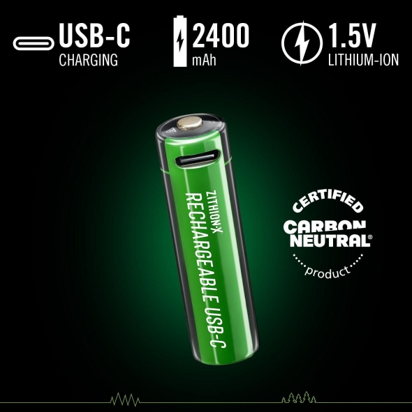 Wiederaufladbarer AA USB-C Akku mit 2400 mAh Kapazität, 1,5 Volt Lithium-Ionen Batterie mit integriertem USB-C Ladeanschluss