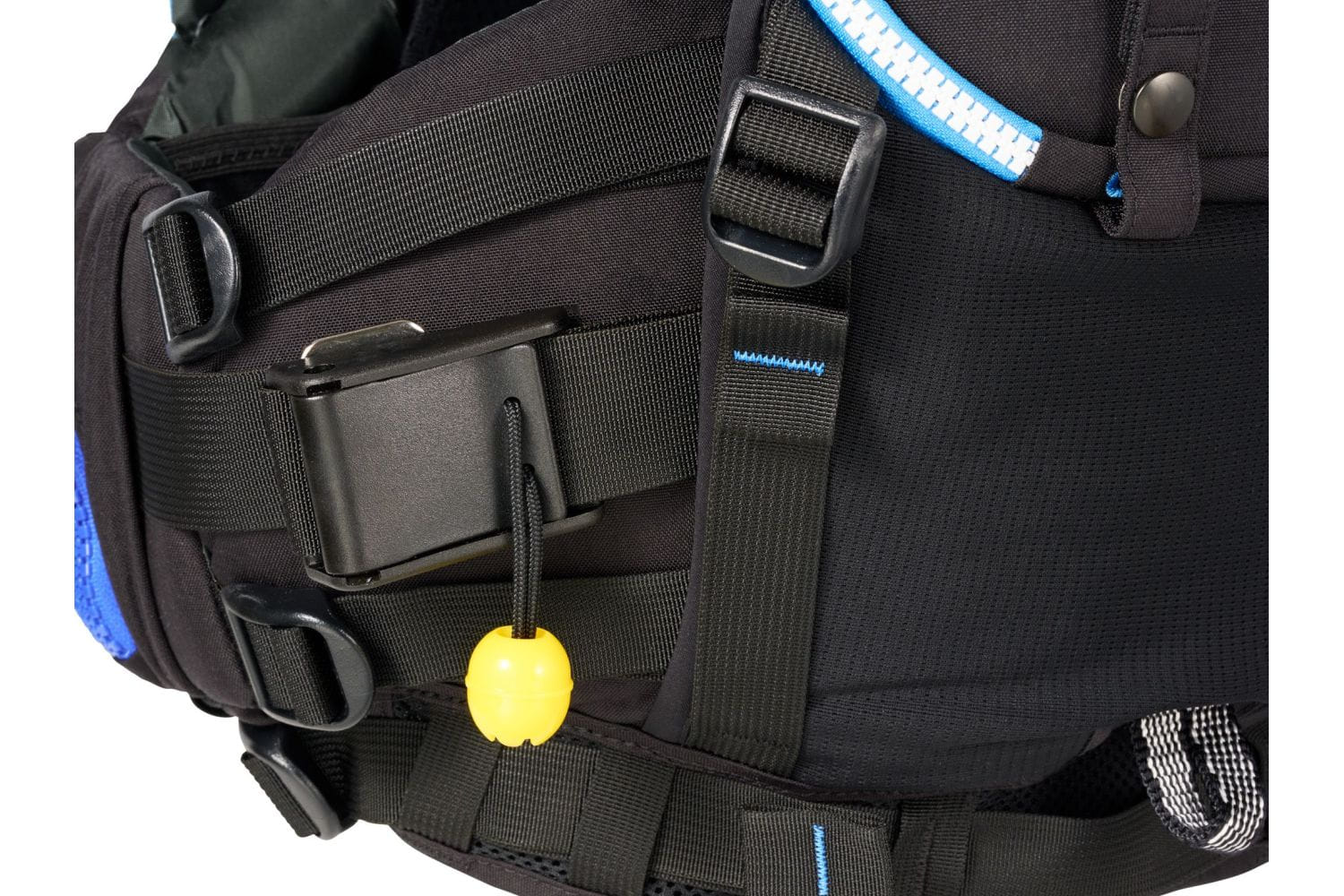 Detailaufnahme der Astral GreenJacket AquaFade Rettungsweste mit Schnellverschluss, Gurtsystem und professioneller Rescue-Ausstattung für Strömungsrettung, Wildwasserkajak und Wasserrettung.