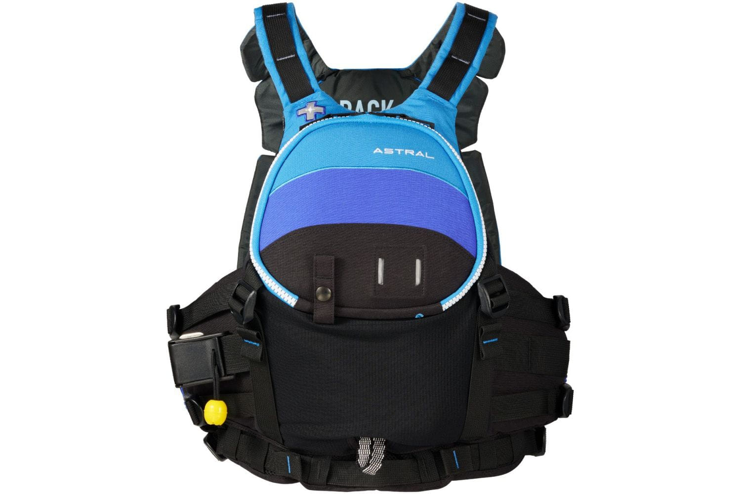 Frontansicht der Astral GreenJacket AquaFade Rettungsweste für Wildwasserkajak, Strömungsrettung, Rafting und professionelle Wasserrettung mit großer Rescue-Fronttasche und integriertem Rettungsgurt.