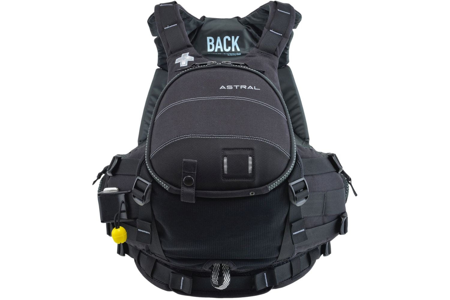 Front der Astral GreenJacket Wildwasser-Rettungsweste in Midnight Black mit Rescue-Ausstattung für Kajakfahrer, Rafting-Guides und Wasserretter.
