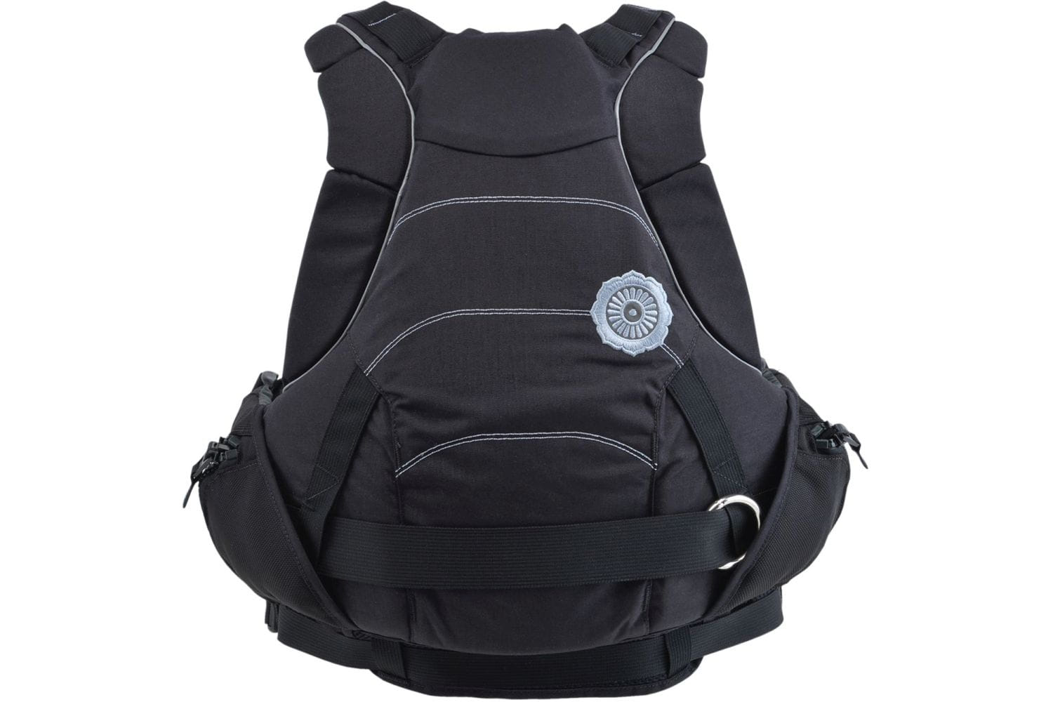 Rückenansicht der Astral GreenJacket Rettungsweste in Midnight Black für Wildwasserkajak, Strömungsrettung, Rafting und professionelle Wasserrettung mit robustem Rettungsgurt und hoher Bewegungsfreiheit.