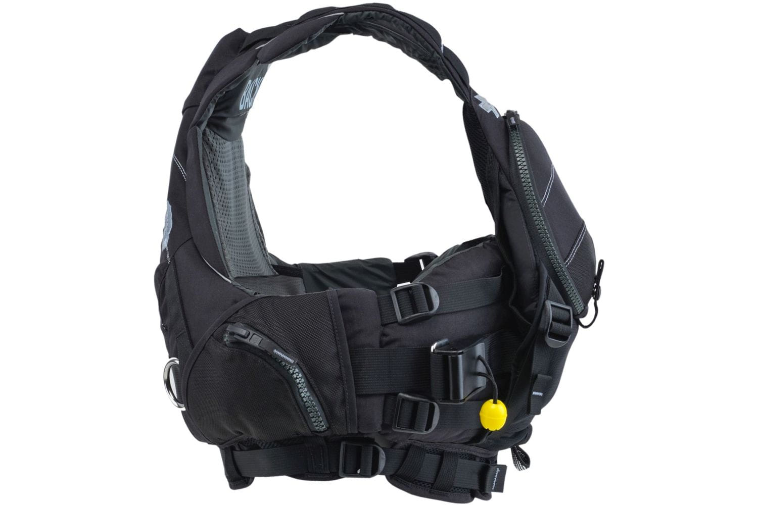Seitenansicht der Astral GreenJacket Rettungsweste in Midnight Black für Strömungsrettung, Wildwasserkajak, Rafting und professionelle Wasserrettung mit ergonomischer Passform und Rescue-Ausstattung.