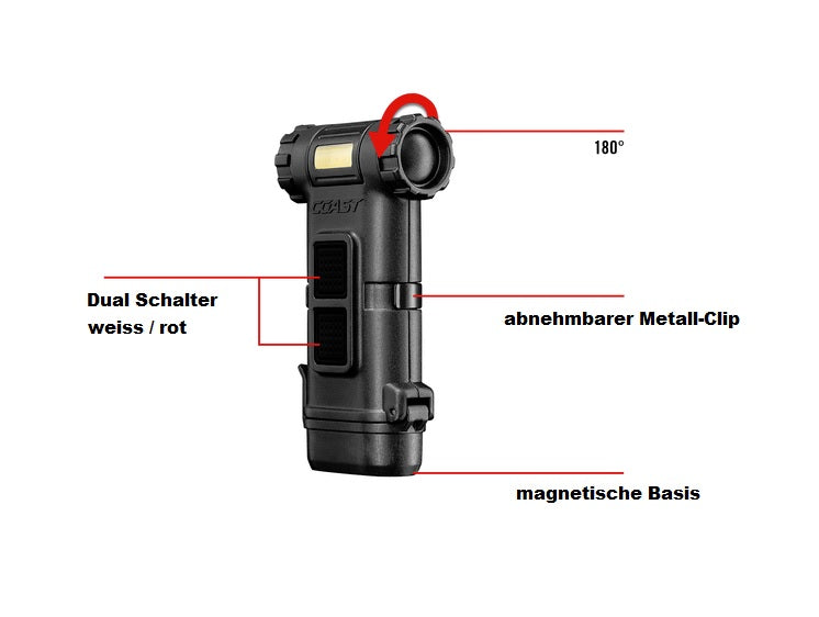 Detailansicht der COAST HX4 LED Clip Light mit 180° schwenkbarem Lampenkopf, Rotlichtfunktion, abnehmbarem Metallclip und magnetischer Basis. Kompakte Einsatzleuchte für Feuerwehr, Rettungsdienst, Outdoor und Handwerk.