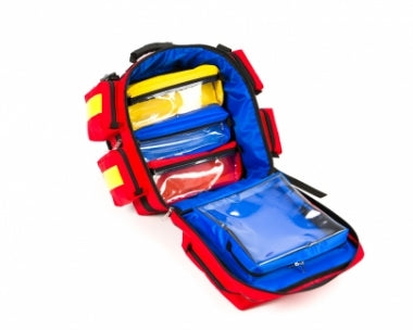Geöffneter Notfallrucksack Kassel mit übersichtlicher Innenaufteilung, Modultaschen und Organisationssystem für Rettungsdienst und Notfallmedizin