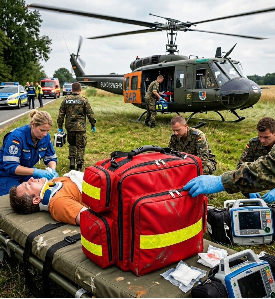 Notfallrucksack Kassel im SAR-Rettungseinsatz mit Rettungshubschrauber, medizinischem Personal und Notfallausrüstung zur Patientenversorgung