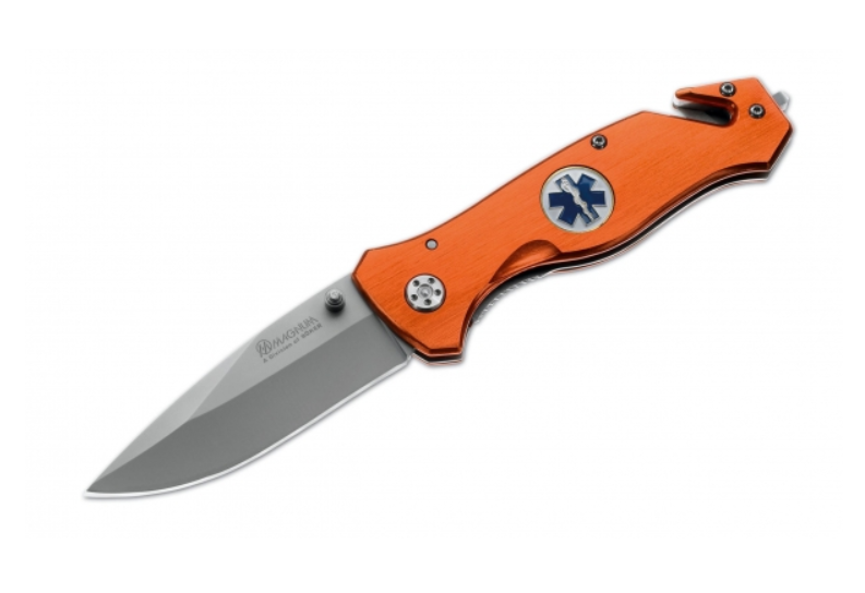 Klappmesser mit schwarzer Klinge und orangefarbenem Griff (Rettungsmesser)