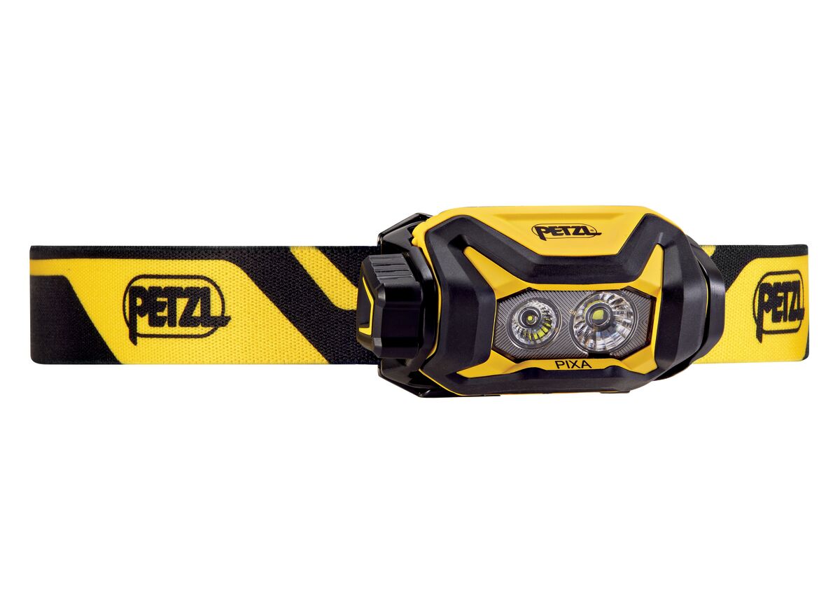 Petzl PIXA LED-Stirnlampe mit robuster Befestigungsplatte für Schutzhelme. Ex-geschützte Arbeits- und Einsatzleuchte für Feuerwehr, Rettungsdienst, Industrie, Handwerk, Energieversorger und Arbeiten in explosionsgefährdeten Bereichen.