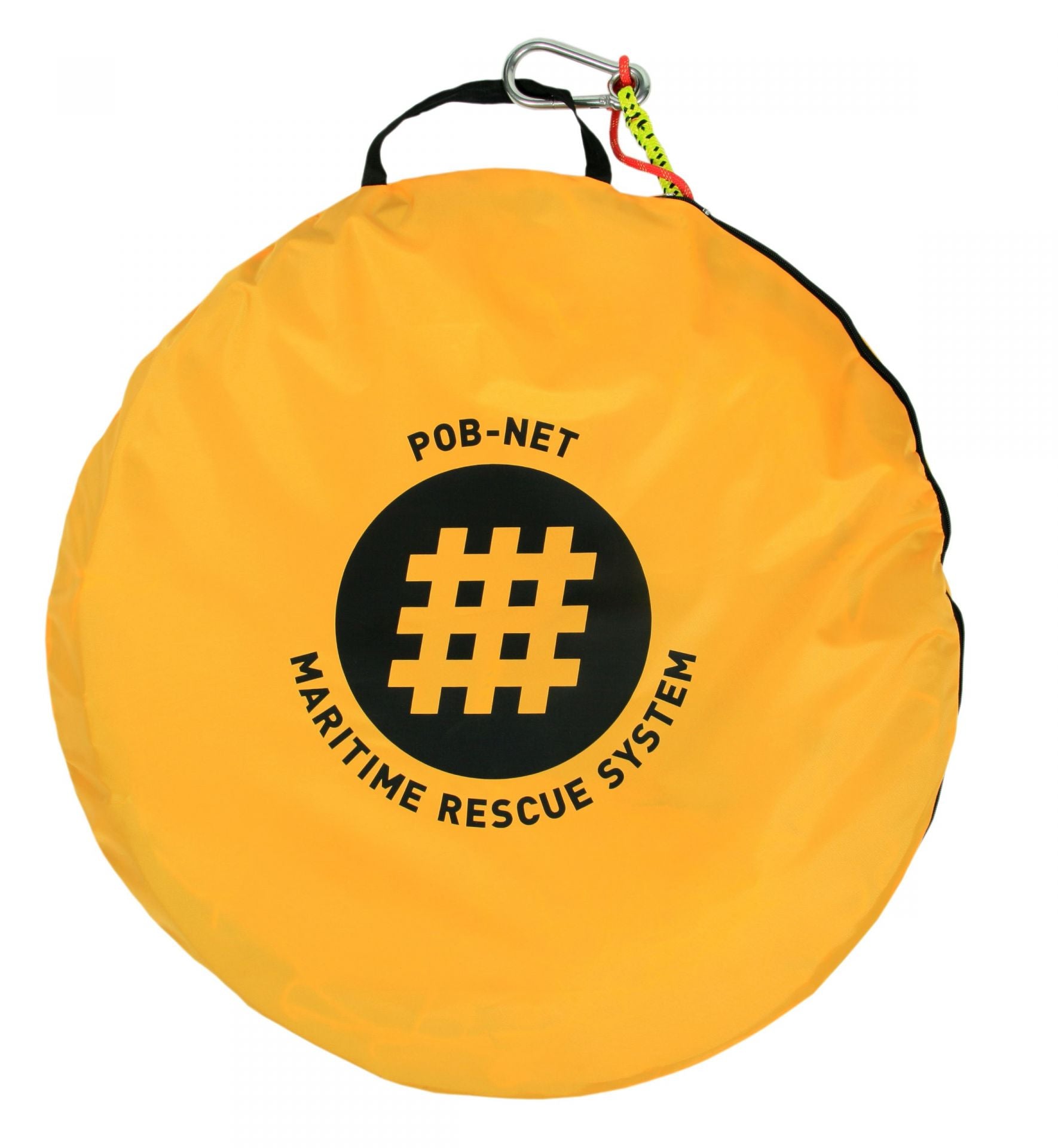 POB-NET Maritime Rescue System in gelber Transporttasche mit integriertem Karabiner. Kompaktes Rettungsnetz zur Personenrettung aus dem Wasser für Wasserrettung, Feuerwehr, Seenotrettung und professionelle Marineeinsätze.