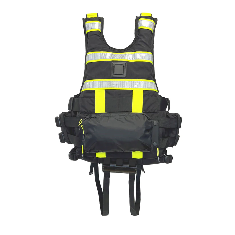 Rückansicht der Pro Matrix Strömungsrettungsweste mit Reflexstreifen, Bergegriff und Befestigungssystem für Wasserrettung, Feuerwehr, DLRG und Wasserwacht – professionelle Rettungsweste für Strömungsrettung, Wildwasser und Hochwassereinsätze.