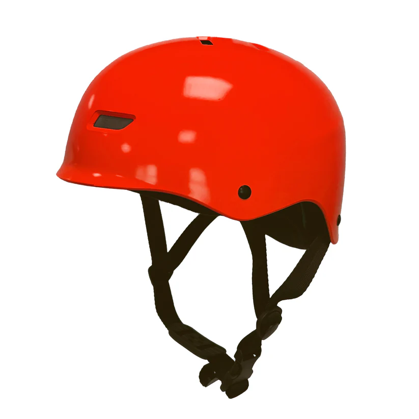 Roter Rettungshelm in Seitenansicht mit Belüftungsöffnung und Kinnriemen für Wasserrettung, Wildwasser, Kajak, Rafting und Feuerwehr – robuster Schutzhelm für professionelle Einsätze und Wassersport.