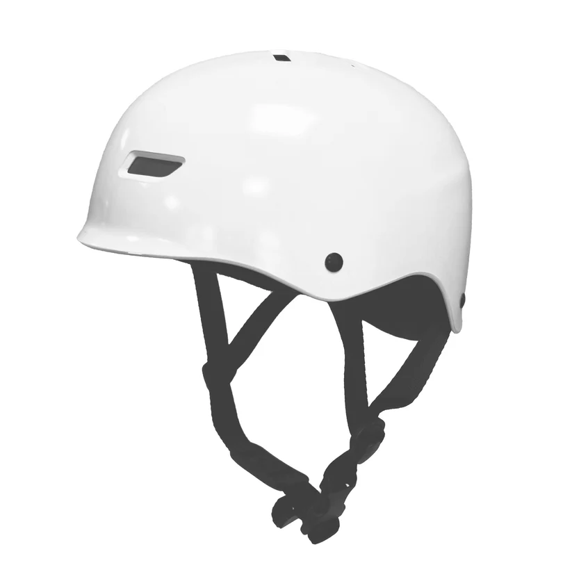 Weißer Rettungshelm in Seitenansicht mit Belüftungsöffnung und Kinnriemen für Wasserrettung, Wildwasser, Kajak, Rafting und Feuerwehreinsätze – leichter Schutzhelm für professionelle Anwender auf und am Wasser.