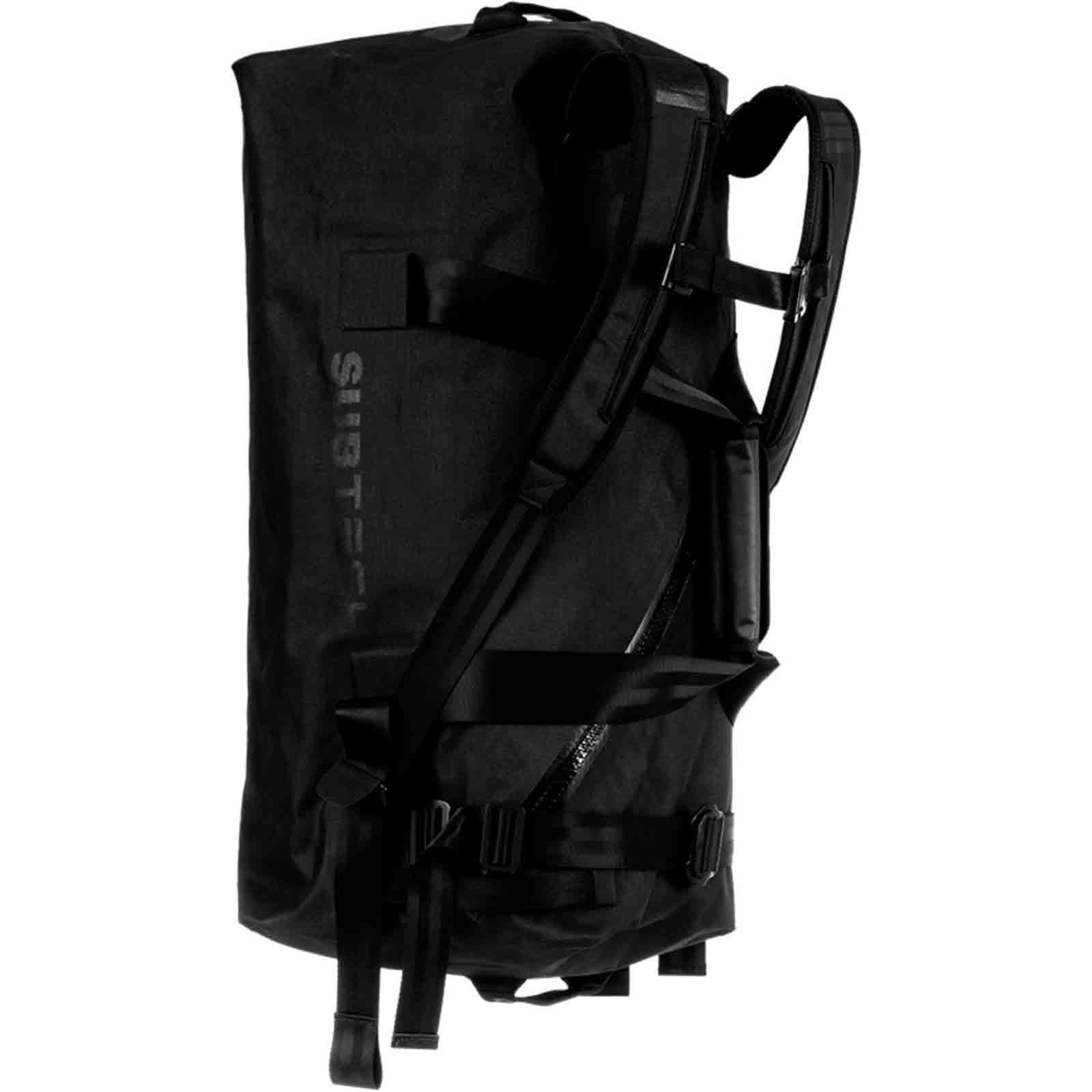 Subtech Pro Drybag 100L Black Series mit vollständig schwarzem Design, gepolsterten Schultergurten und wasserdichter Rollverschluss-Technologie. Robuste Premium-Drybag für Expeditionen, Bootssport, Wasserrettung, Reisen und anspruchsvolle Outdoor-Abenteuer.