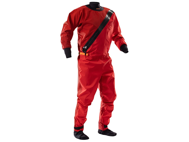 Trockenanzug Hiko Valkyrie für Wasserretter und Feuerwehr in rot aus Cordura und Airfour Gewebe. Mit Neopren manschetten am Hals und an den Armen