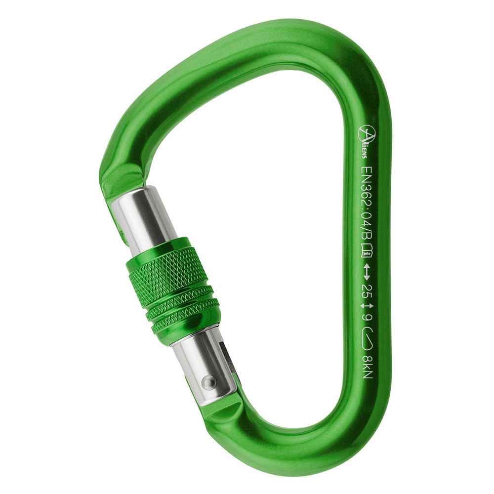 Halbmastwurf Karabiner in gruen, mit Drehsicherung. Verschraubung in grau, Karabiner Verschluss in Silber. Das Material ist Aluminium.